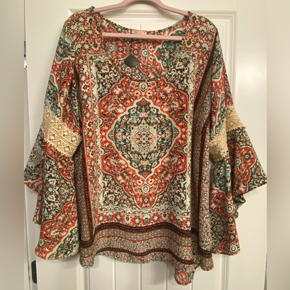 NWOT Free 2 Luv Bohemian Print Bell Sleeve Top with Lace